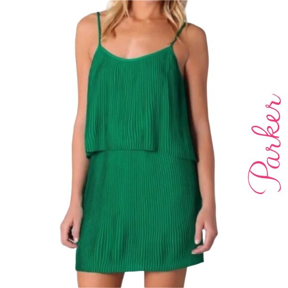 Parker Emerald Green Pleated Layered Mini Dress, size XS - Picture 1 of 3